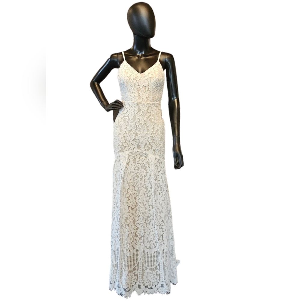 Lace Overlay Gold Fitted Wedding Gown - Lulus